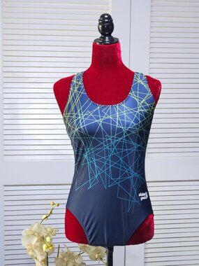 NWOT Stolen Goat Womens Blue Green Geometric Pattern Vortex Swim Suit Sz Xl 2586